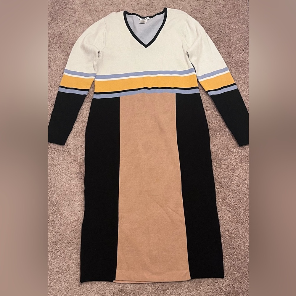 Elegant V-Neck Long Sleeve Dress - Black, Yellow, Tan